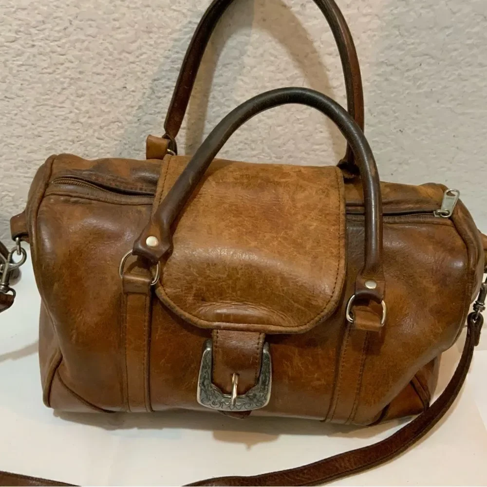 Vintage Navasota leather  satchel Bag brown strap front buckle